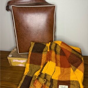 Vintage Faribo Wool Stadium Plaid Blanket with Vinyl Seat Cushion Carrier Strap